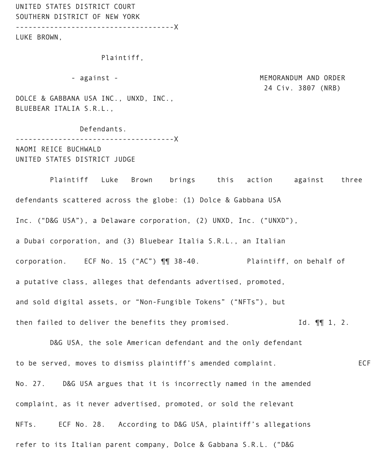 Federal Judge Dismisses $25M NFT Lawsuit Against Dolce & Gabbana USA - Blockport.