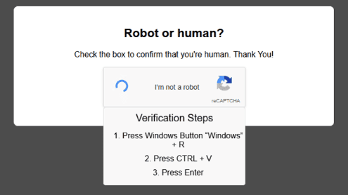 Fake CAPTCHA with "Robot or human?" text prompting users to check "I'm not a robot" and follow steps: press Windows + R, paste code, and press Enter.
